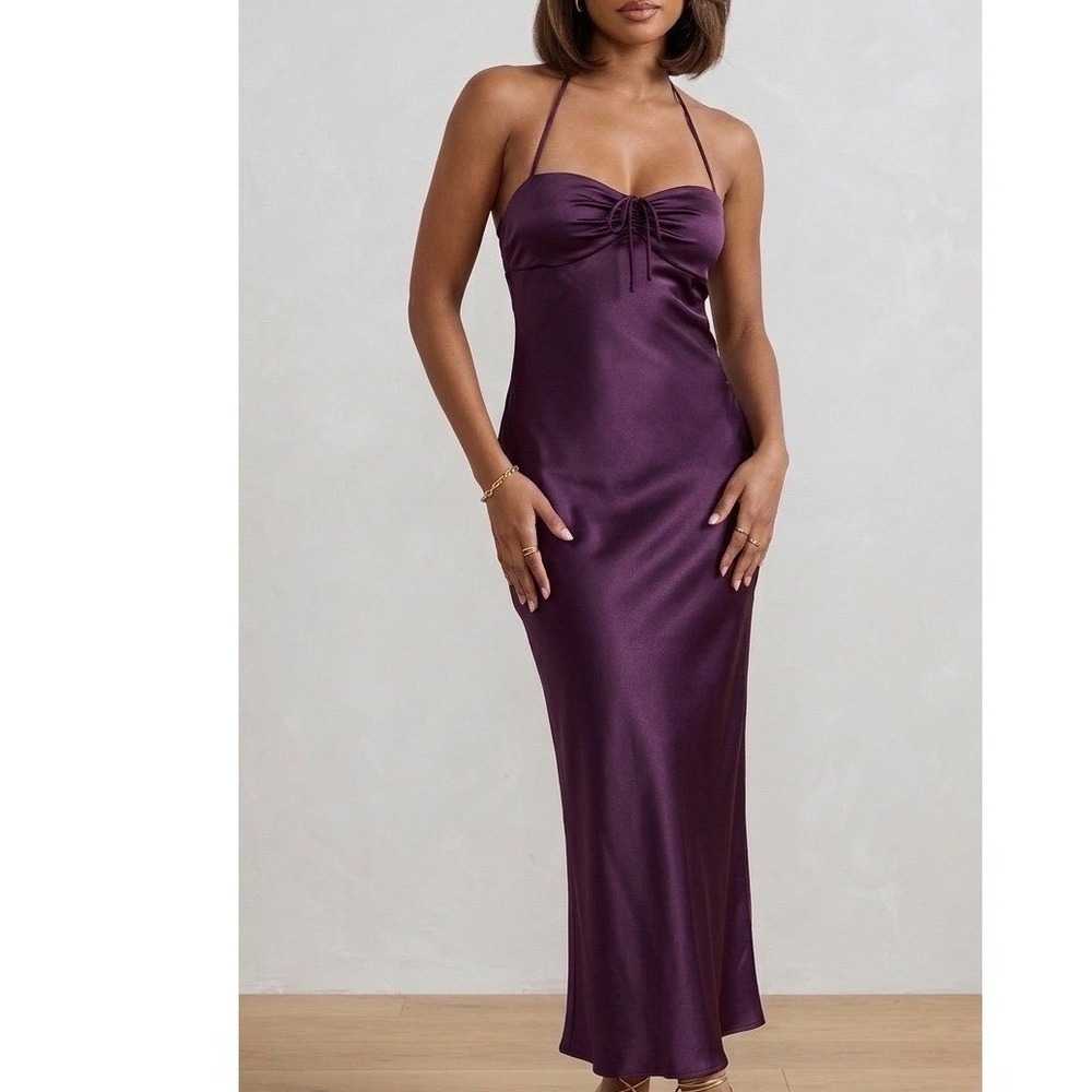 Princess Polly Fireproof Plum Satin 
Halter Maxi Dress Tie Front 4 Formal
